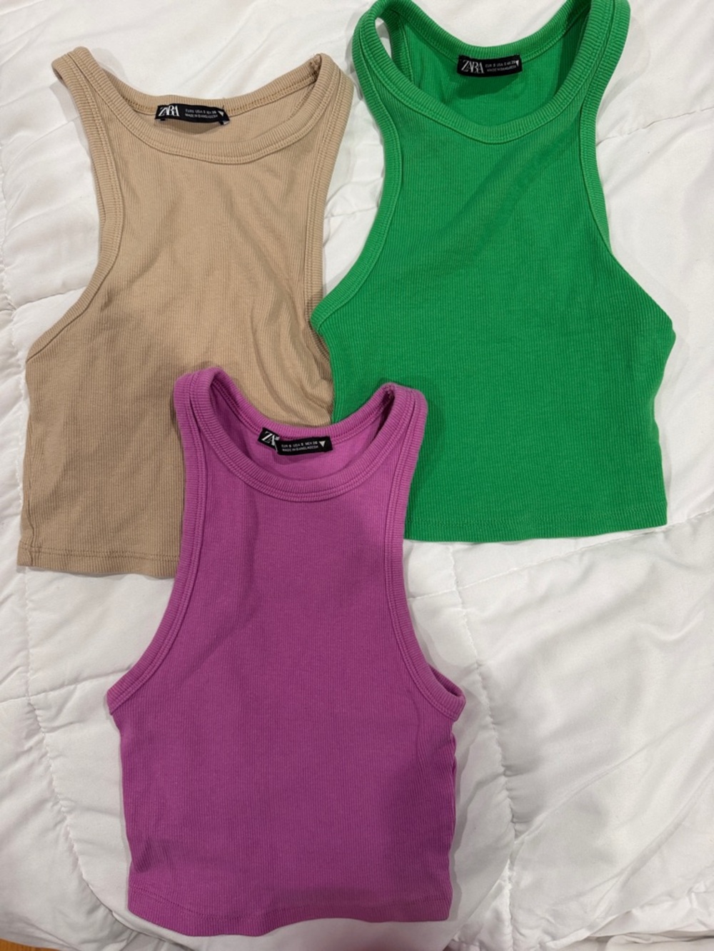 Zara Sleeveless Ribbed Crop Tanks in Beige, Green, Magenta